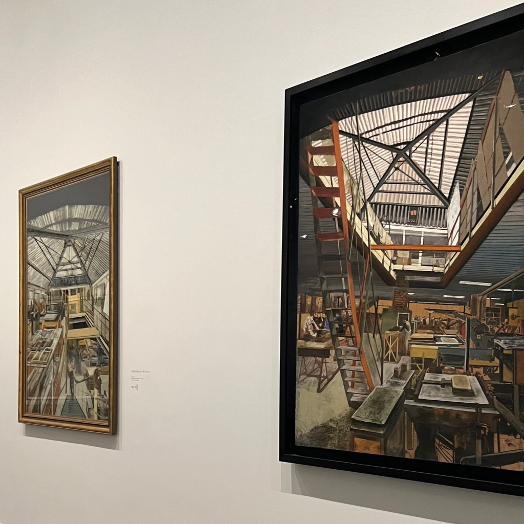 Two dynamic paintings by Sam Szafran, depicting a printers' studio with angular lines and skewed perspectives.